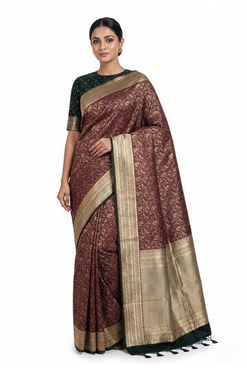 Coffee Brown Floral Jaal Art Silk Saree With Dark Green Border