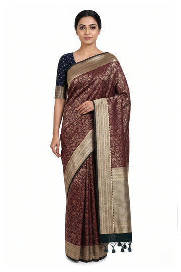 Maroon Floral Jaal Art Silk Saree With Navy Blue Border