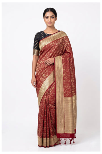 Maroon Floral Jaal Art Silk Saree With Antique Gold Border