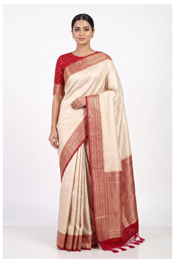 Cream Banarasi Style Art Silk Saree With Red Zari Border