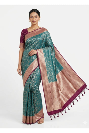 Teal Blue Banarasi Style Floral Jaal Art Silk Saree