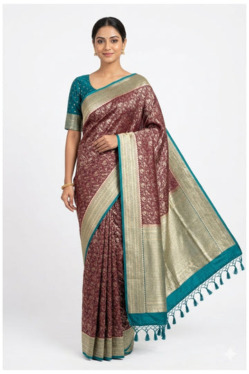 Wine Banarasi Style Floral Jaal Art Silk Saree