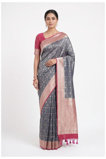 Charcoal Blue Banarasi Art Silk Saree For Wedding & Party Wear