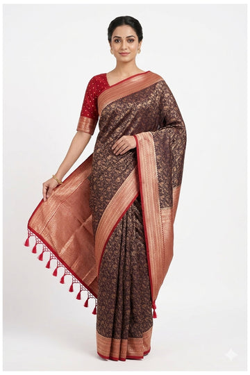 Black & Maroon Banarasi Floral Jaal Art Silk Saree