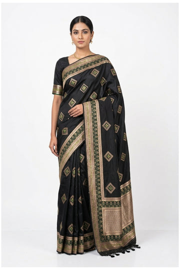 Black Banarasi Silk Saree With Green Border