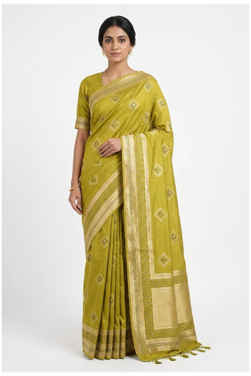 Olive Green Banarasi Silk Saree With Woven Border
