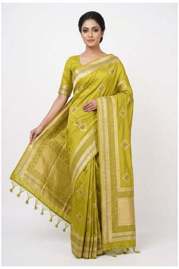 Lime Green Banarasi Silk Saree With Woven Border