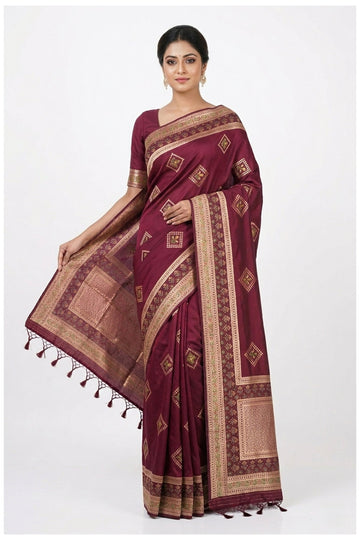 Wine Banarasi Silk Saree With Woven Butta Design