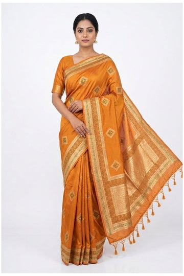 Orange Banarasi Silk Saree With Woven Butta Design