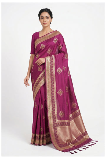 Magenta Banarasi Silk Saree With Woven Butta Design