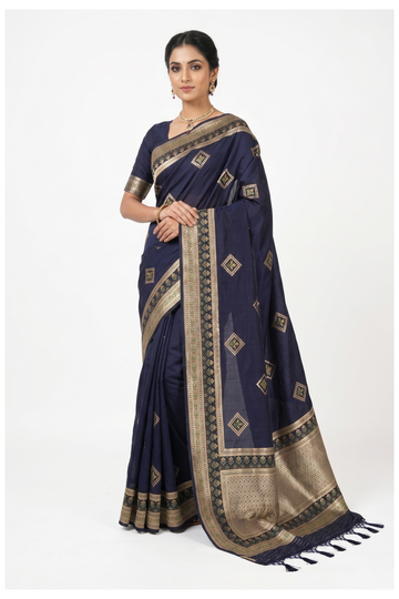Navy Blue Banarasi Silk Saree With Woven Butta Design