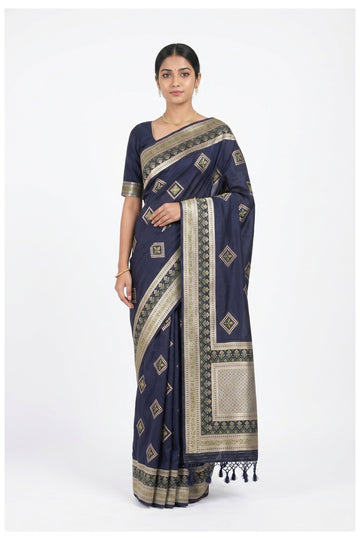 Navy Blue Banarasi Silk Saree With Woven Butta Design