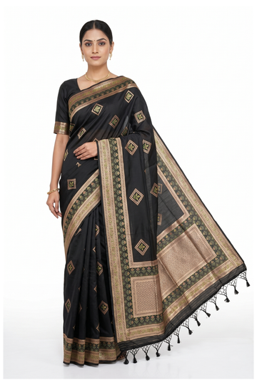 Black Banarasi Silk Saree With Traditional Butta Weaving