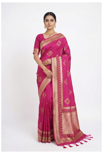 Rani Pink Banarasi Silk Saree With Traditional Butta Weaving