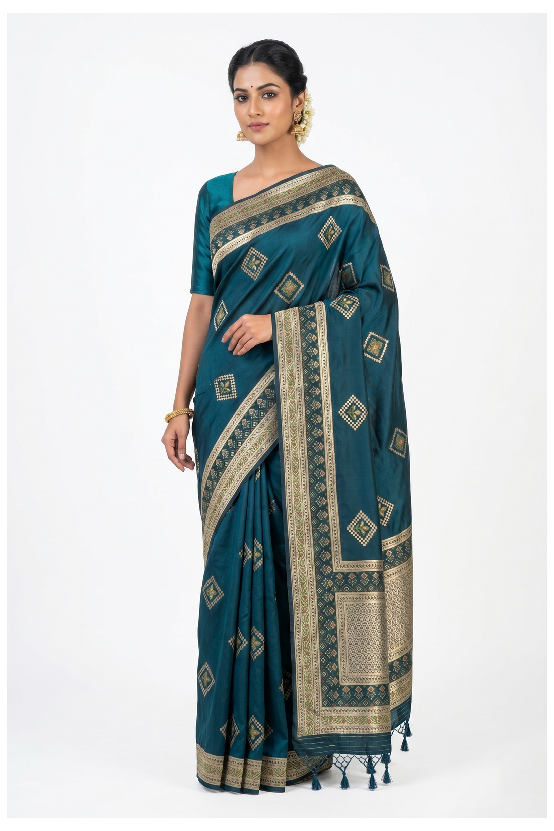 Teal Blue Banarasi Silk Saree With Traditional Butta Weaving