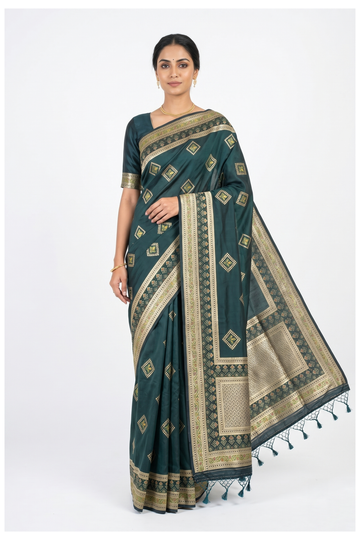 Teal Green Banarasi Silk Saree With Traditional Butta Weaving
