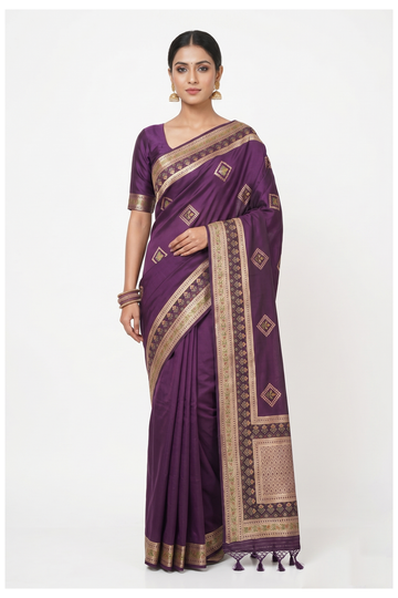 Purple Banarasi Silk Saree With Traditional Butta Weaving