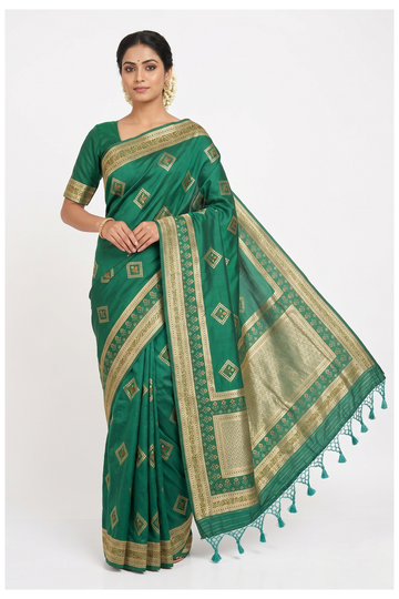 Emerald Green Banarasi Silk Saree With Traditional Butta Weaving