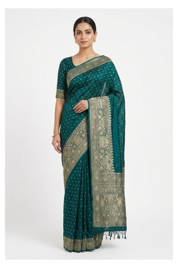 Teal Green Banarasi Silk Saree With Antique Zari Weaving