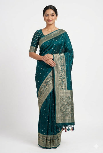 Teal Blue Banarasi Silk Saree With Antique Zari Border