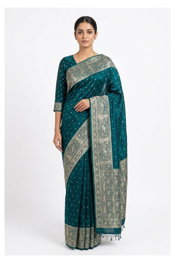 Teal Blue Banarasi Silk Saree With Heritage Zari Weaving