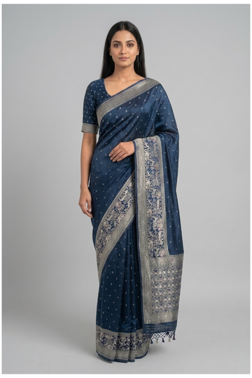 Navy Blue Pure Silk South Saree For Wedding & Party Wear