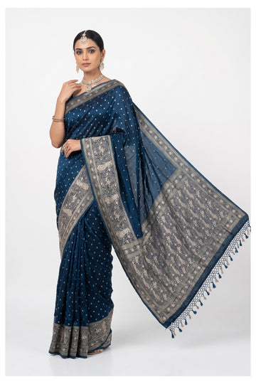 Royal Navy Blue Banarasi Silk Saree With Heritage Zari Pallu