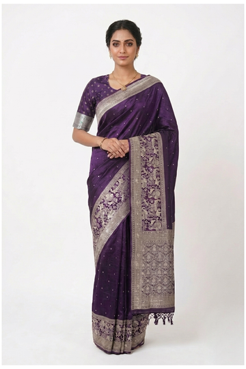 Deep Purple Pure Silk South Silk For Wedding & Party Wear