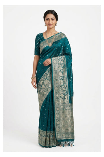 Teal Blue Banarasi Silk Saree With Floral Heritage Zari Weaving