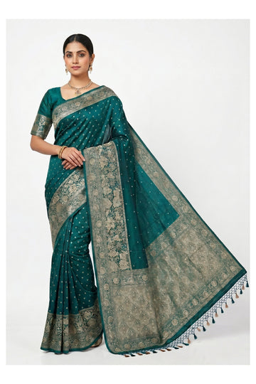 Teal Green Banarasi Silk Saree With Rich Floral Zari Weaving