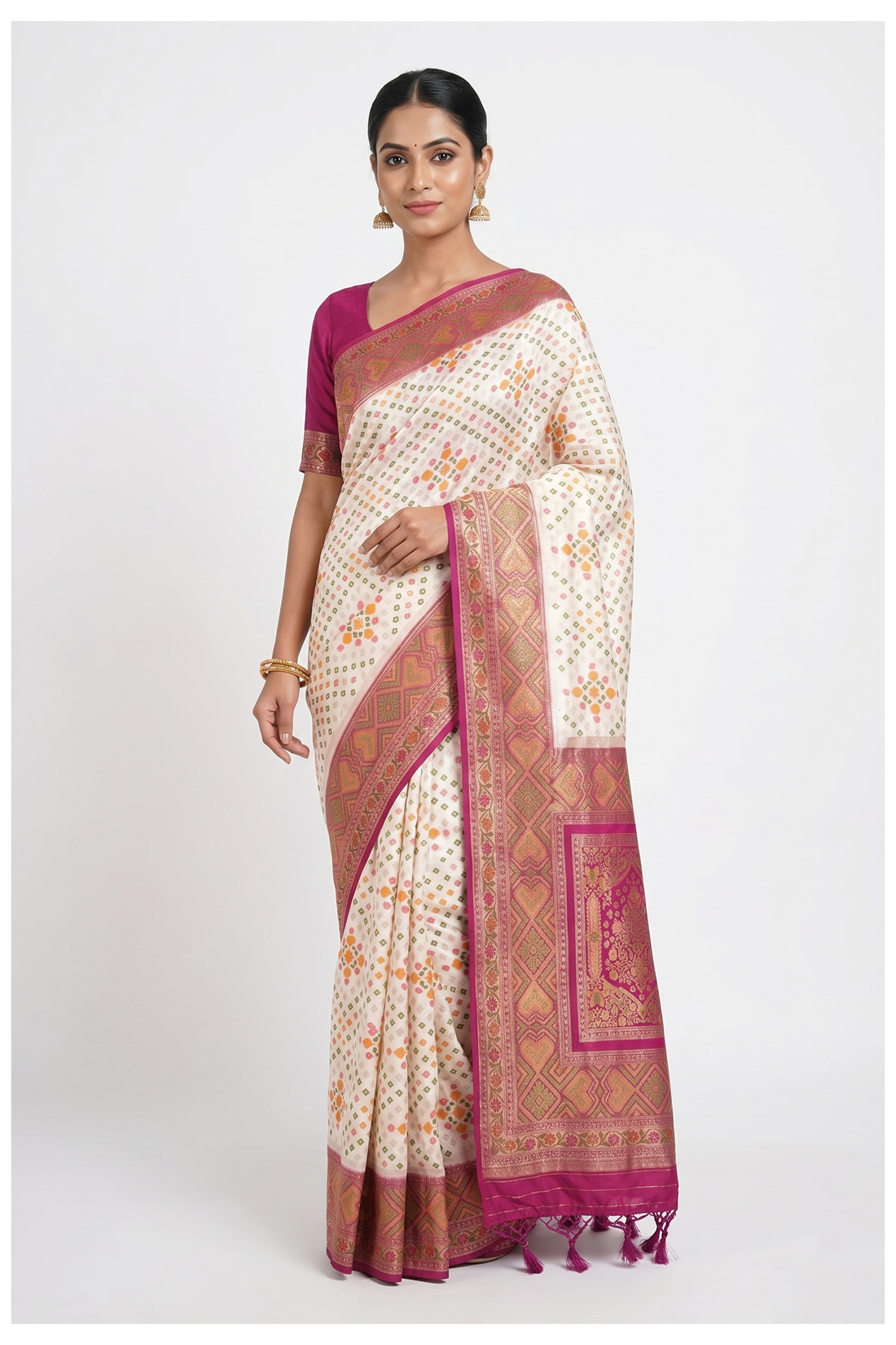 Off White Banarasi Silk Saree With Rani Pink Zari Border & Floral Butta Weaving
