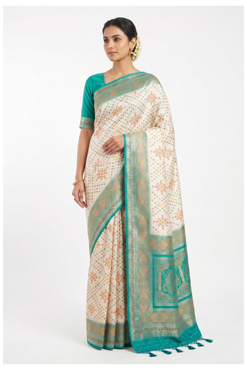 Off White Banarasi Silk Saree With Turquoise Blue Woven Border & Floral Butta Design