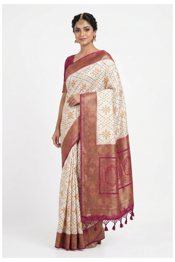 Off White Banarasi Silk Saree With Magenta Pink Heritage Border & Floral Butta Weaving