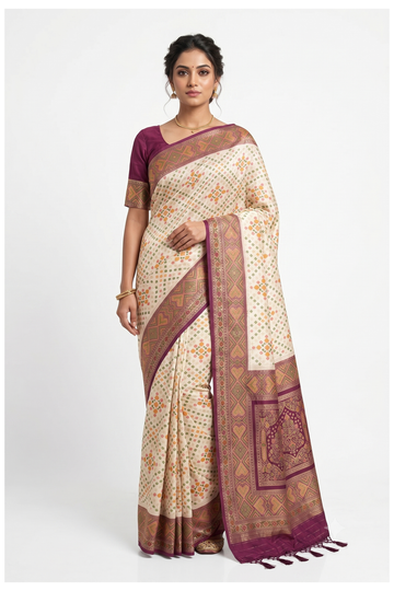 Off White & Magenta Banarasi Silk Saree With Heritage Woven Pallu