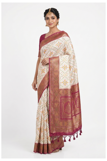 Off White Banarasi Silk Saree With Rani Pink Heritage Border & Floral Butta Weaving
