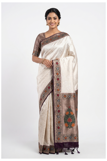 Ivory Banarasi Art Silk Saree With Floral Border