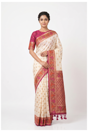 Off White Banarasi Silk Saree With Rani Pink Floral Zari Border
