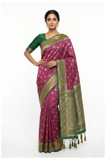 Emerald Green Banarasi Silk Saree With Floral Zari Border