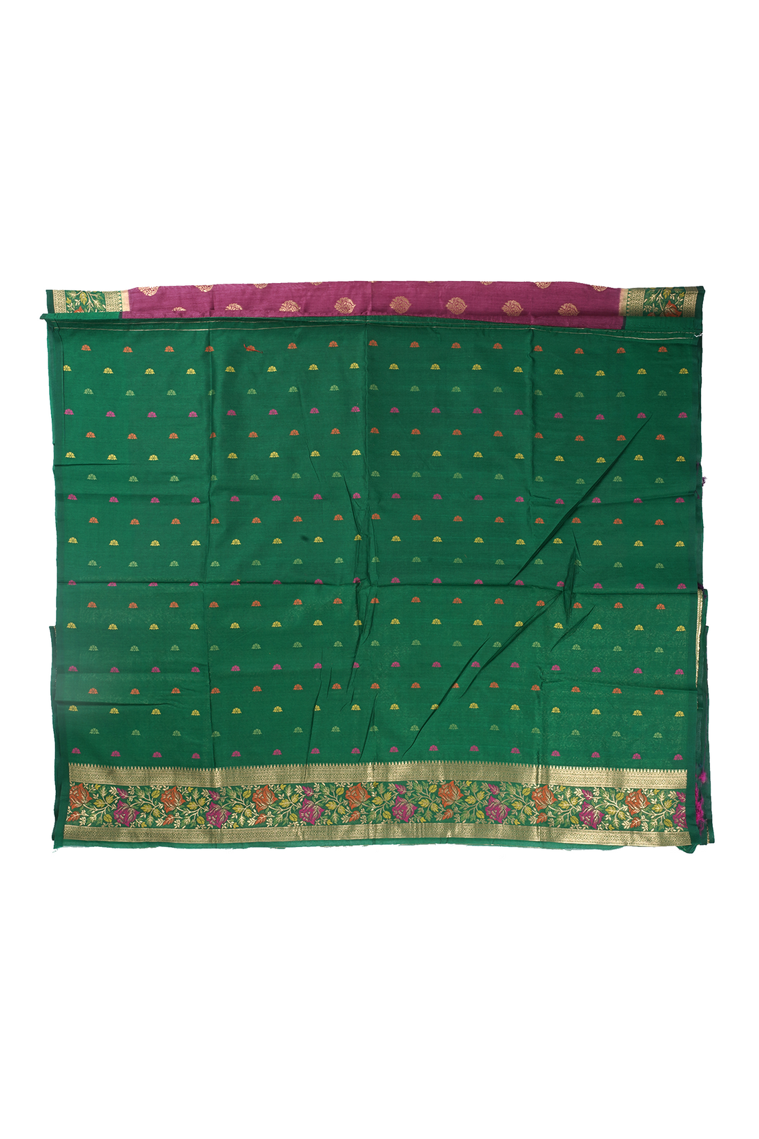 Emerald Green Banarasi Silk Saree With Floral Zari Border