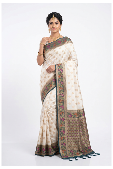 Off White Banarasi Silk Saree With Floral Zari Border And Teal Accents
