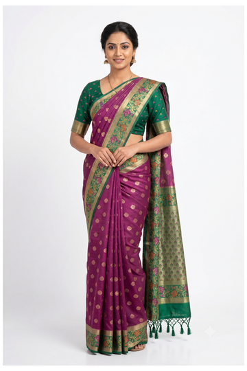 Emerald Green Banarasi Silk Saree With Floral Zari Border And Contrast Pallu