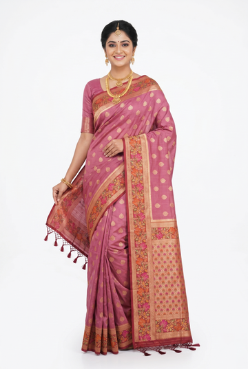 Dark Pink Banarasi Silk Saree With Floral Zari Border
