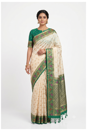 Cream And Emerald Green Banarasi Silk Saree With Floral Zari Border