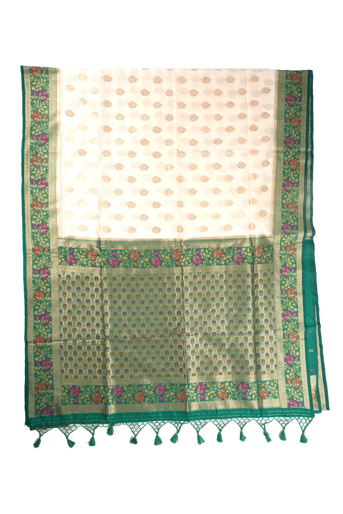 Cream And Emerald Green Banarasi Silk Saree With Floral Zari Border