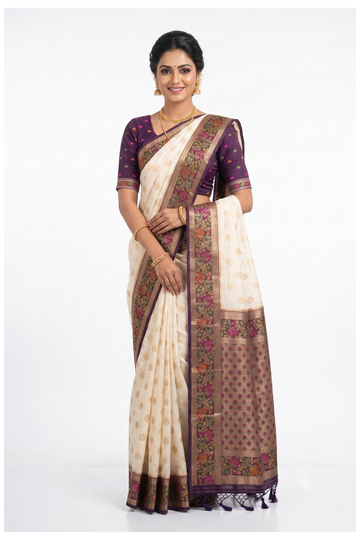 Purple And Cream Banarasi Silk Saree With Floral Zari Border