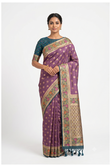 Teal Blue Banarasi Silk Saree With Floral Zari Border And Contrast Lavender Pallu