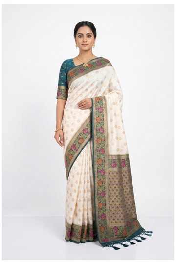 Teal Blue Banarasi Silk Saree With Floral Border And Contrast Cream Pallu