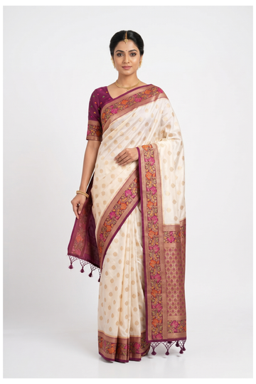 Magenta Banarasi Silk Saree With Floral Zari Border And Contrast Cream Pallu