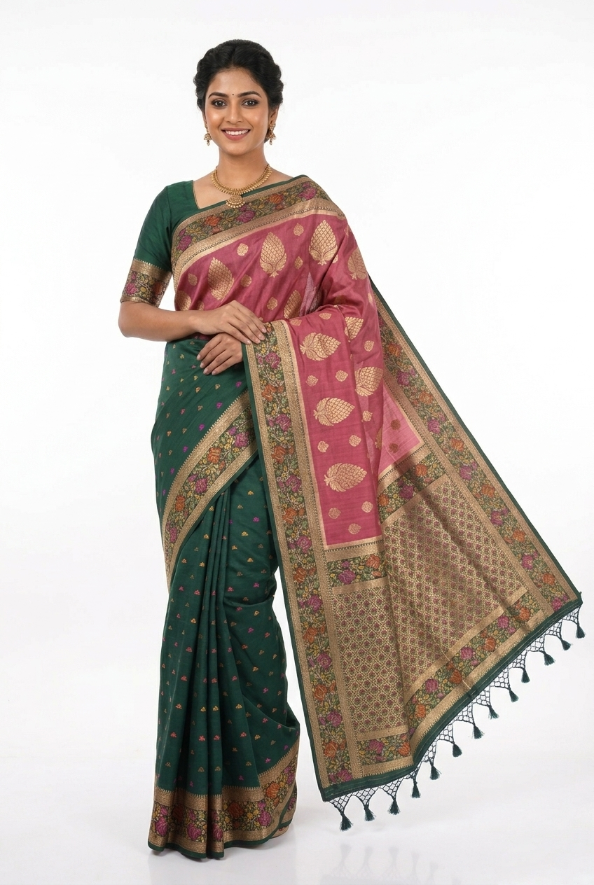 Emerald Green Banarasi Silk Saree With Floral Border And Rose Pink Pallu