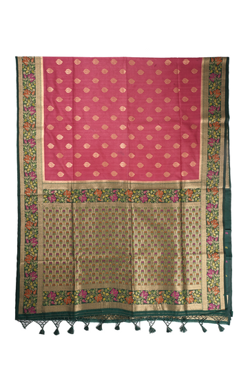Emerald Green Banarasi Silk Saree With Floral Border And Rose Pink Pallu